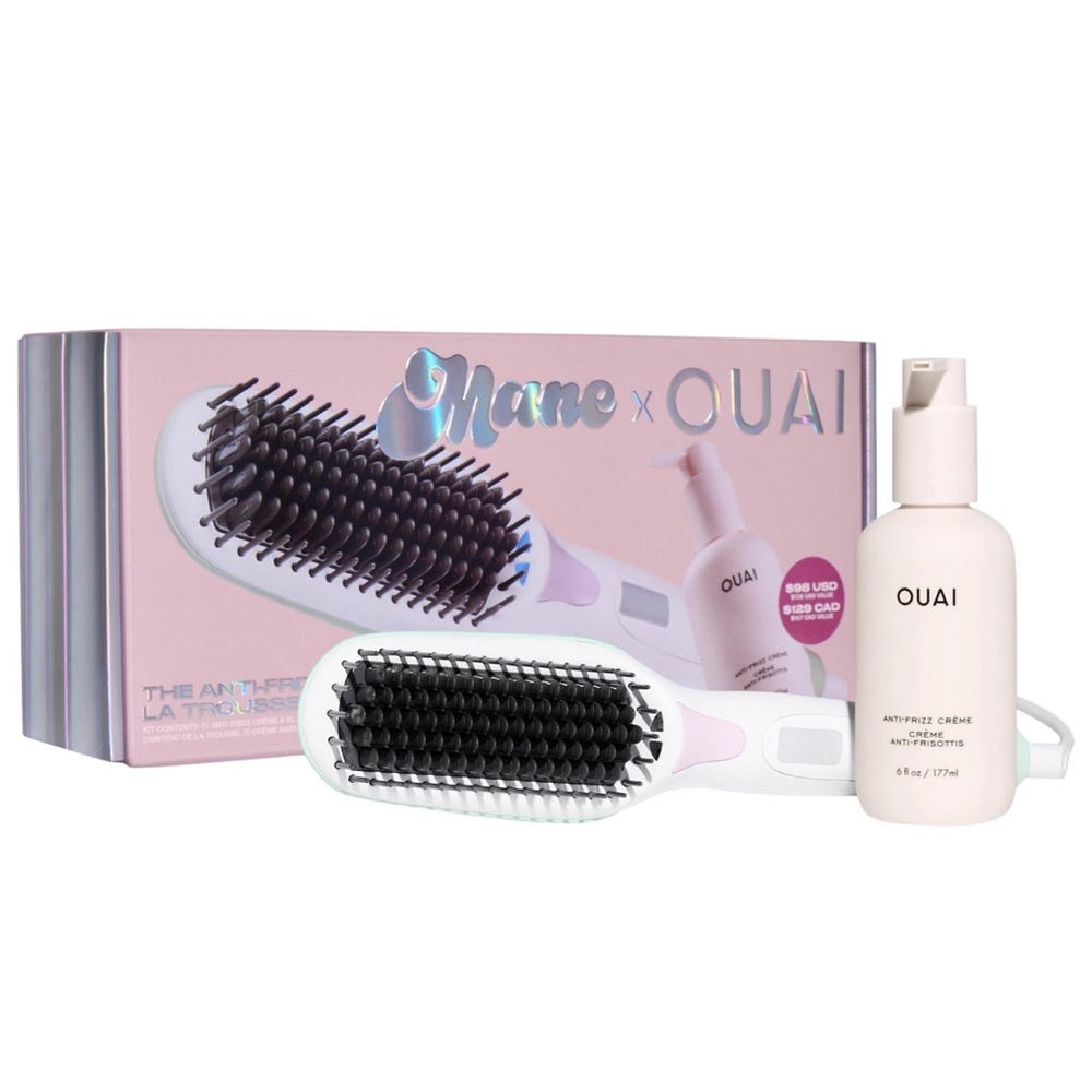 Limited Edition OUAI x MANE Anti-Frizz Heated Straightening Brush Set. Brand New